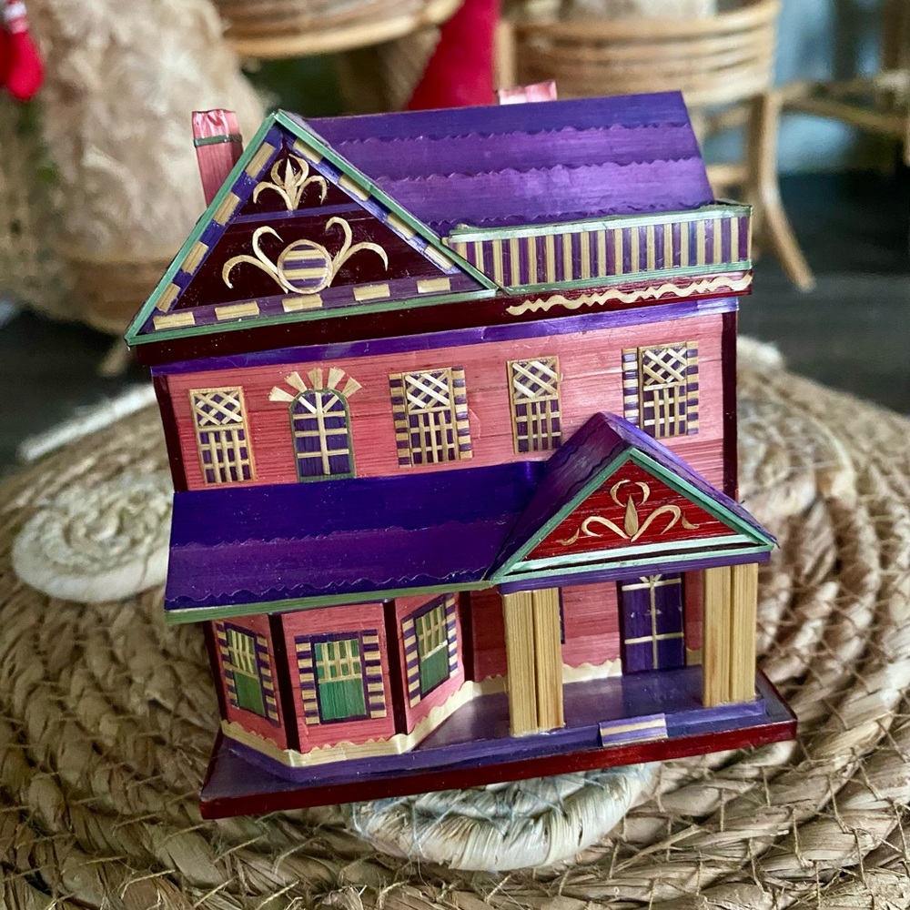 Vtg Balsa Wood Houses Straw Trinket Box Victorian Style Mini Philadelphia House